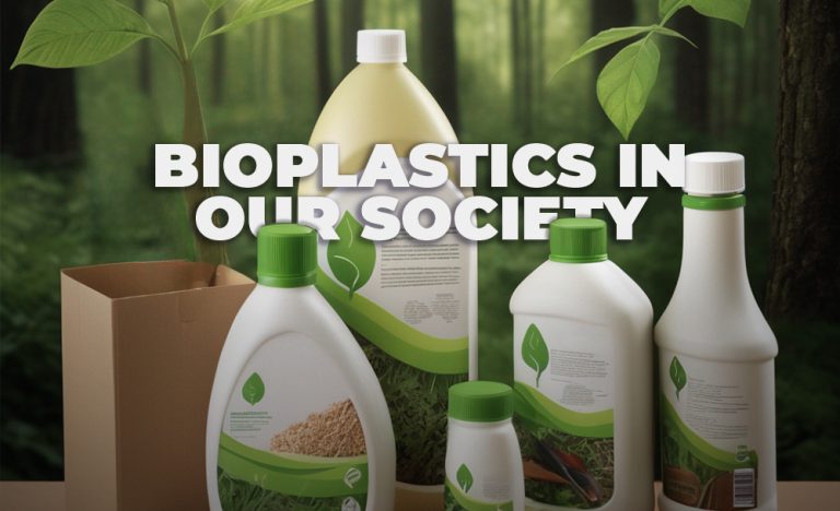 Bioplastic flasks with a green forest background with a text that says: Bioplastics in our society